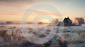 A rural New Year\'s morning, with a rustic farmhouse surrounded by golden fields covered in a blanket of morning dew.