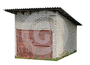 A rural no name self-made shed  garage made of white silicate bricks isolated