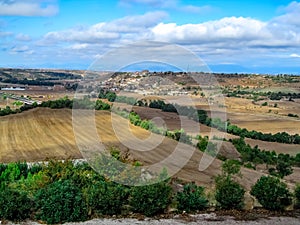 Rural panorama in Catalonia, view from the hill of Montfalco Murallat Lleida, Spain. Beautiful autumn landscape with greenery, photo