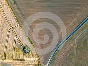 Rural Patchwork: Aerial View of Farmland and Waterway