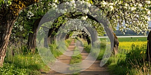 Rural path leading through a tunnel of blooming trees, inviting walks under a canopy of flowers