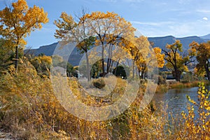 Rural pond with distant mountains in autumn