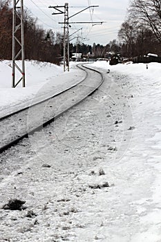 Rural railway / train tracks covered in snow during winter