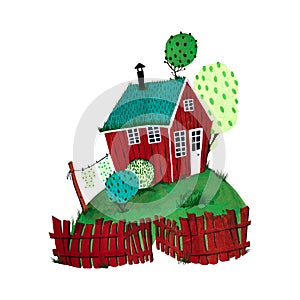 Rural red house with grass on a green roof. Red fence, trees and lawn near the house. illustration with acrylic