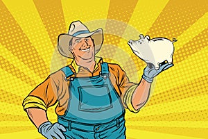 Rural retro farmer with a pig-piggy Bank