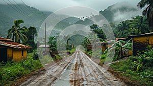 Rural road in the rain in the jungle of Sierra Leone