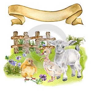 Rural scene with baby animals on field. Watercolor illustration with pets isolated on white. Chick, gosling and lamb