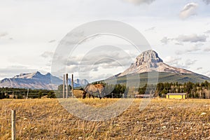 Rural scene in British Columbia. Picturesque rock in the background