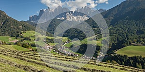 Rural scene during hay harvest in Villnoess in Dolomites