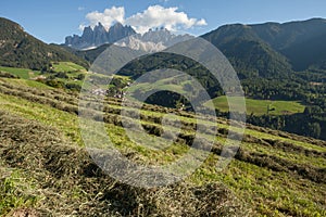 Rural scene during hay harvest in Villnoess in Dolomites