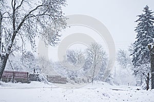 Rural scene after heavy snowfall, countryside in winter, road covered in snow,  weather problems