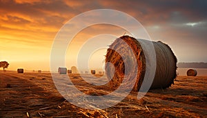 Rural scene meadow, farm, haystack, wheat, sunset, landscape, nature generated by AI