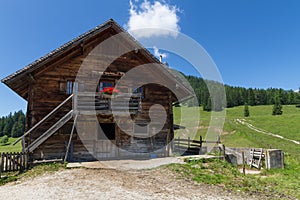 Rural scene with old alpine hut near Walderalm. Alps, Austria, Tirol