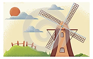 Rural scene with windmill. Countryside textured nature illustration