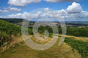 Rural scenery in Cotswolds. View to Dursley and Cam in England.