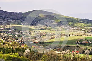 Rural settlement in Ostrozky mountains in Slovakia during spring