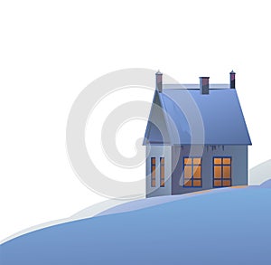 Rural small house in winter. Christmas night. Hill. Quiet winter evening. Isolated. Gable roof is covered with snow