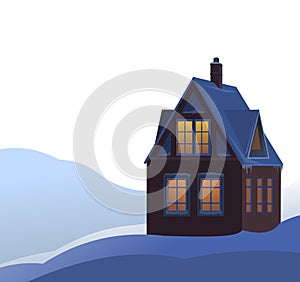 Rural small house in winter. Landscape. Attic. Christmas night. Quiet winter evening. Isolated. Gable roof is covered