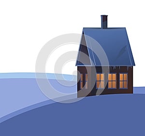 Rural small house in winter. Landscape. Chimney. Christmas night. Quiet winter evening. Isolated. Gable roof is covered