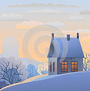 Rural small house in winter. Landscape. Sunset. Christmas evening. Quiet winter evening. The gable roof is covered with