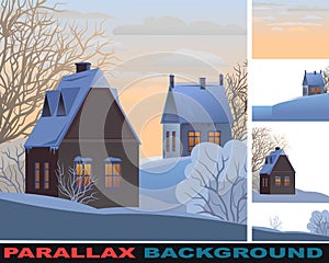 Rural small house in winter. Set parallax effect Landscape. Christmas evening. Neighbour. Quiet winter evening. The