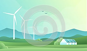 Rural spring landscape with fields, hills, wind turbine and barn or house with solar panels. Vector illustration of countryside.