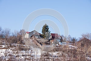 Rural spring landscape with residential houses