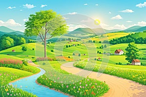 Rural spring, summer landscape field, farm, hills, pond, mou.