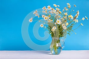 Rural still-life - bouquet of chamomile Matricaria recutita in a glass jug photo