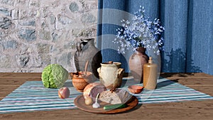 Rural still life of fresh meat, bread, vegetables