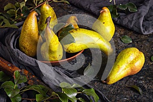 Rural still life, low key dark photography - view of a Conference pear in clay dishes