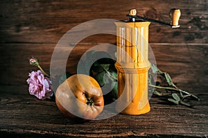 Rural still life with old coffee/pepper grinder and apple on wooden background