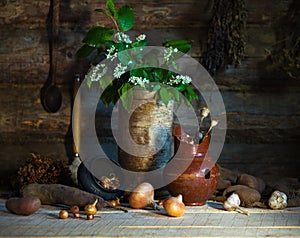 Rural still life with vegetables and home stuff