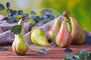 Rural still life - view of a Conference pear on a wooden table, pears closeup with selective focus