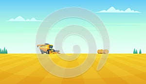 Rural summer landscape with Combine harvester agriculture machine harvesting golden ripe wheat field