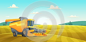 Rural summer landscape with Combine harvester agriculture machine harvesting golden ripe wheat field