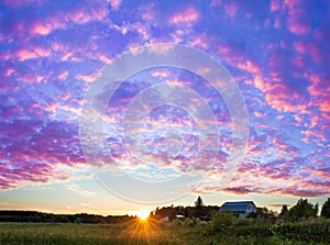 Rural summer landscape panorama with sunset