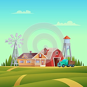 Rural summer landscape with a red shed farm, house, truck, water tower and windmill