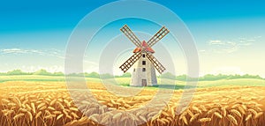 Rural summer landscape with windmill