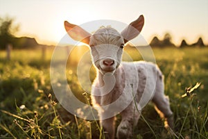 Rural summer sunset landscape cute domestic green grass farming sun goat baby animals