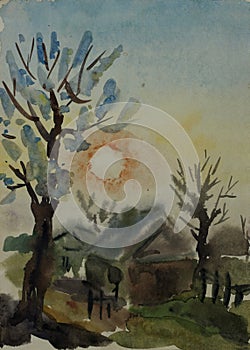 Rural sunrise with blossom apricote trees in a country primitive watercolor art