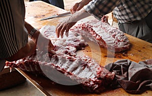 Rural traditional Butchering after pig slaughtering