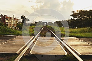 Rural train tracks with beautiful nature on both sides of the road