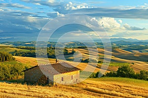 Rural Tuscan landscape with rolling hills and rustic farmhouse