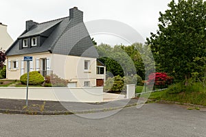 Rural two storey house exteriour, summer outdoors Brest, France, 28 May 2018