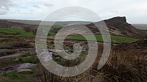 A rural UK landscape establishing shot at The Roaches in the Peak District National Park