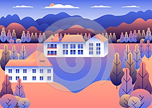 Rural or urban landscape outdoor. City or village in flat style design. Countryside with houses, buildings. Hills, mountains,