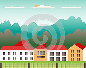 Rural valley Farm countryside. Village landscape with ranch in flat style design. Landscape with house farm family, building,