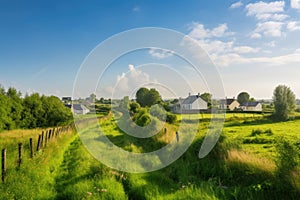 rural village with clear blue sky, surrounded by green fields and pastures