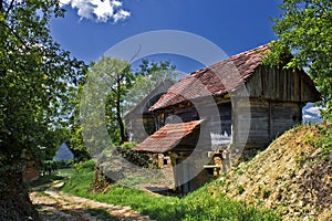 Rural village with wooden cottages